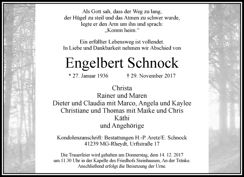  Traueranzeige für Engelbert Schnock vom 10.12.2017 aus trauer.extra-tipp-moenchengladbach.de