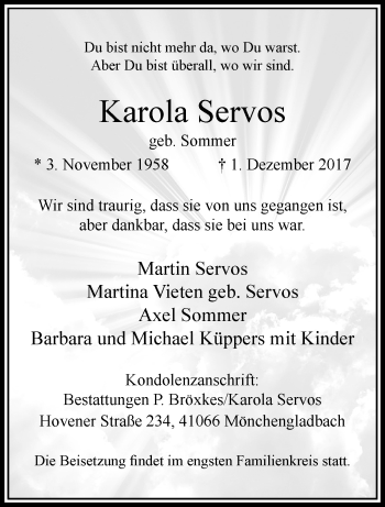 Traueranzeige von Karola Servos von trauer.extra-tipp-moenchengladbach.de