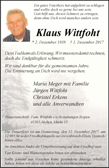 Traueranzeige von Klaus Wittfoht von trauer.stadt-kurier.de