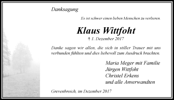 Traueranzeige von Klaus Wittfoht von trauer.stadt-kurier.de