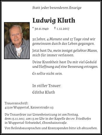Traueranzeige von Ludwig Kluth von trauer.wuppertaler-rundschau.de