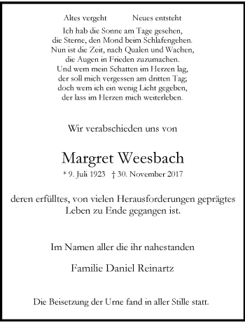 Traueranzeige von Margret Weesbach von trauer.wuppertaler-rundschau.de