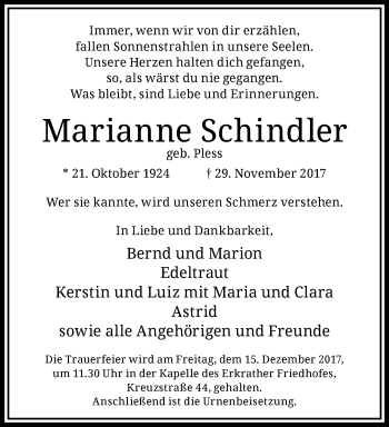 Traueranzeige von Marianne Schindler von trauer.duesseldorfer-anzeiger.de