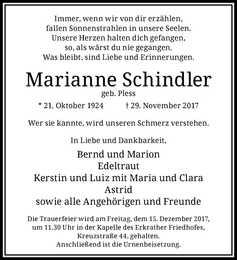  Traueranzeige für Marianne Schindler vom 06.12.2017 aus trauer.duesseldorfer-anzeiger.de