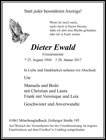 Traueranzeige von Dieter Ewald von trauer.extra-tipp-moenchengladbach.de