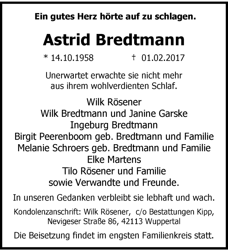  Traueranzeige für Astrid Bredtmann vom 11.02.2017 aus trauer.wuppertaler-rundschau.de