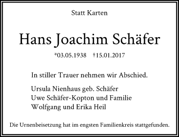 Traueranzeige von Hans Joachim Schäfer von trauer.stadt-panorame.de