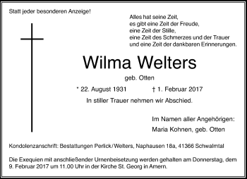 Traueranzeige von Wilma Wetters von trauer.extra-tipp-moenchengladbach.de