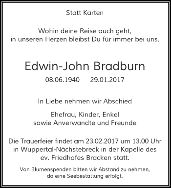 Traueranzeige von Edwin-John Bradburn von trauer.wuppertaler-rundschau.de