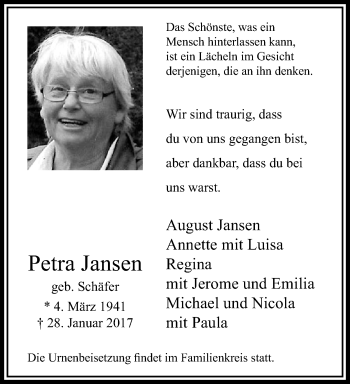Traueranzeige von Petra Jansen von trauer.extra-tipp-moenchengladbach.de