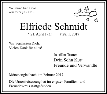 Traueranzeige von Elfriede Schmidt von trauer.extra-tipp-moenchengladbach.de