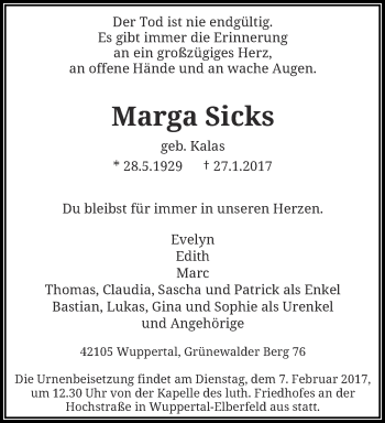 Traueranzeige von Marga Sicks von trauer.wuppertaler-rundschau.de