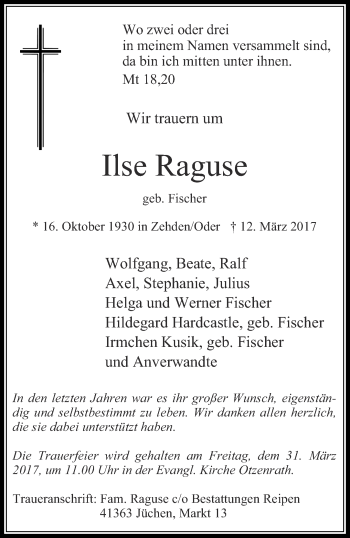 Traueranzeige von Ilse Raguse von trauer.stadt-kurier.de