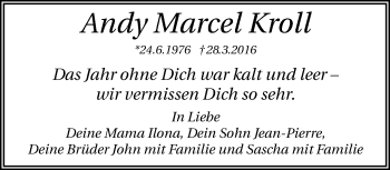 Traueranzeige von Andy Marcel Kroll von trauer.mein.krefeld.de