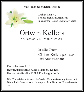 Traueranzeige von Ortwin Kellers von trauer.extra-tipp-moenchengladbach.de