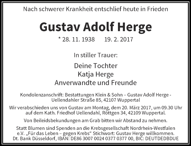  Traueranzeige für Gustav Adolf Herge vom 15.03.2017 aus trauer.wuppertaler-rundschau.de