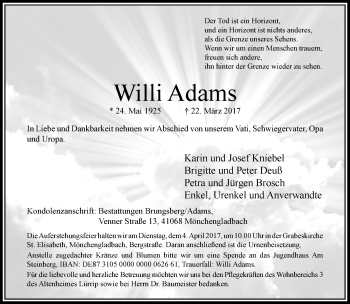 Traueranzeige von Willi Adams von trauer.extra-tipp-moenchengladbach.de