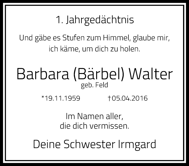  Traueranzeige für Barbara  Walter vom 09.04.2017 aus trauer.mein.krefeld.de