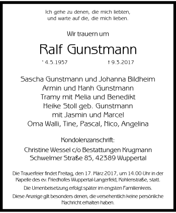 Traueranzeige von Ralf Gunstmann von trauer.wuppertaler-rundschau.de