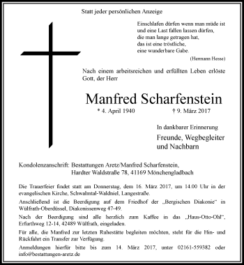 Traueranzeige von Manfred Scharfenstein von trauer.extra-tipp-moenchengladbach.de