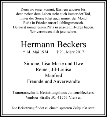 Traueranzeige von Hermann Beckers von trauer.extra-tipp-moenchengladbach.de