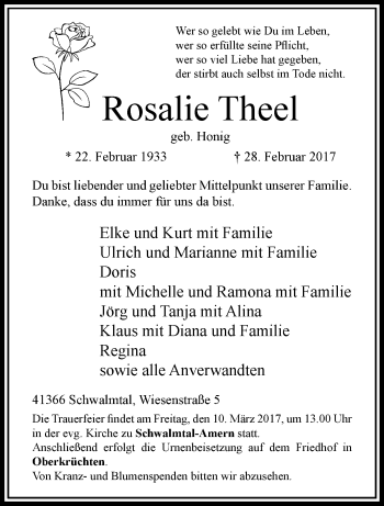 Traueranzeige von Rosalie Theel von trauer.extra-tipp-moenchengladbach.de