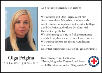Traueranzeige von Olga Feigina von trauer.wuppertaler-rundschau.de