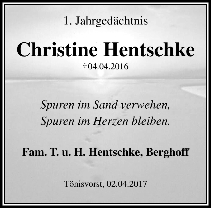  Traueranzeige für Christine Hentschke vom 02.04.2017 aus trauer.mein.krefeld.de