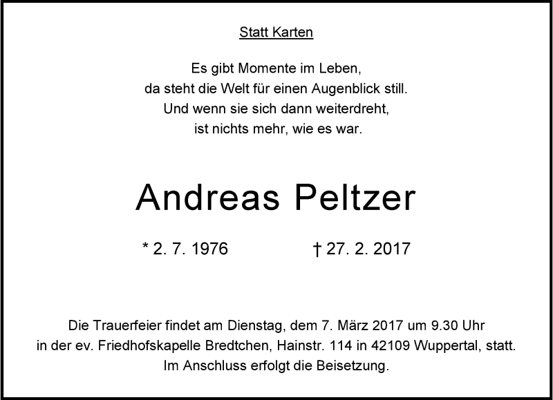  Traueranzeige für Andreas Peltzer vom 04.03.2017 aus trauer.wuppertaler-rundschau.de