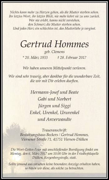 Traueranzeige von Gertrud Hommes von trauer.extra-tipp-moenchengladbach.de