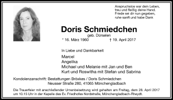 Traueranzeige von Doris Schmiedchen von trauer.extra-tipp-moenchengladbach.de