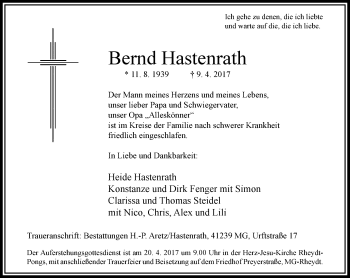 Traueranzeige von Bernd Hastenrath von trauer.extra-tipp-moenchengladbach.de