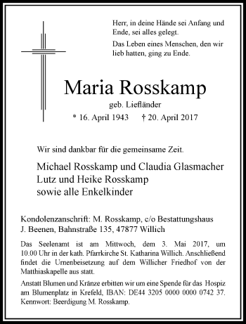 Traueranzeige von Maria Rosskamp von trauer.extra-tipp-moenchengladbach.de