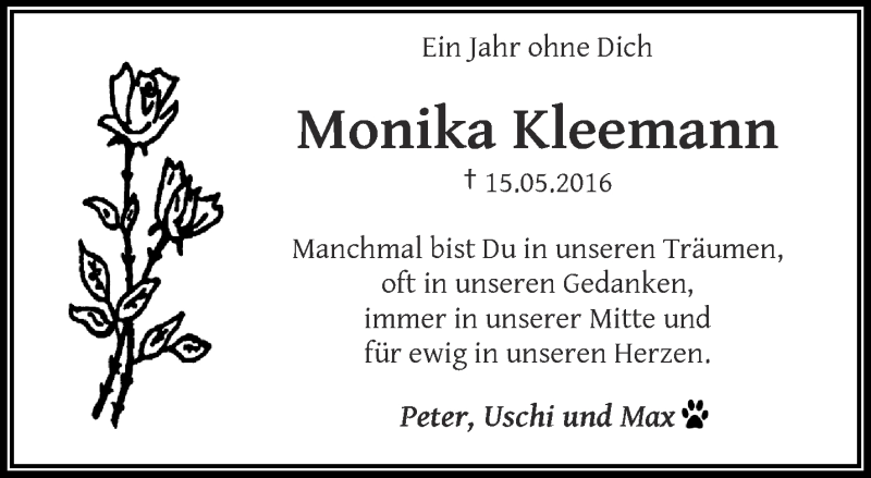  Traueranzeige für Monika Kleemann vom 13.05.2017 aus trauer.wuppertaler-rundschau.de