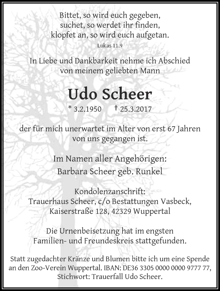  Traueranzeige für Udo Scheer vom 08.04.2017 aus trauer.wuppertaler-rundschau.de