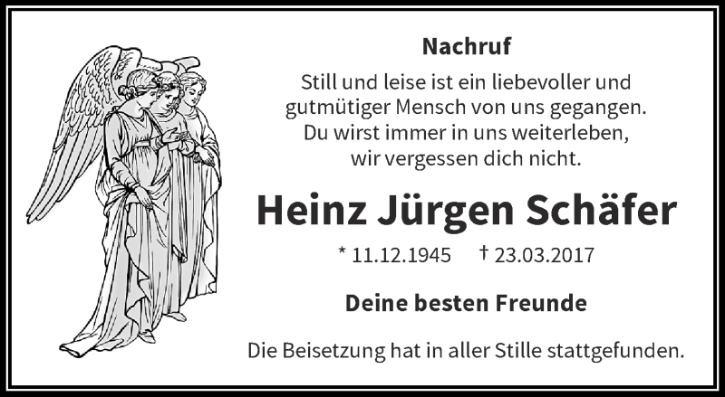  Traueranzeige für Heinz Jürgen Schäfer vom 13.05.2017 aus trauer.wuppertaler-rundschau.de