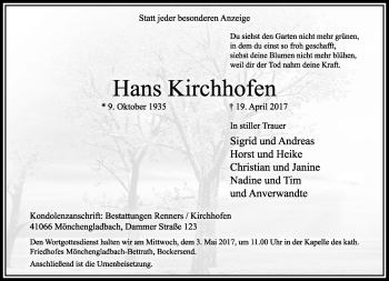Traueranzeige von Hans Kirchhofen von trauer.extra-tipp-moenchengladbach.de