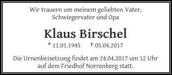 Traueranzeige von Klaus Birschel von trauer.wuppertaler-rundschau.de