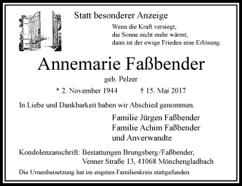 Traueranzeige von Annemarie Faßbender von trauer.extra-tipp-moenchengladbach.de