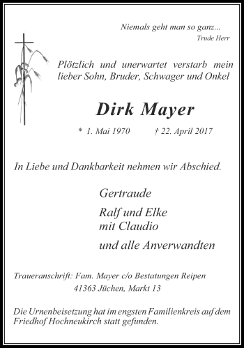 Traueranzeige von Dirk Mayer von trauer.stadt-kurier.de