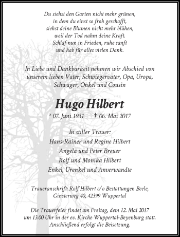 Traueranzeige von Hugo Hilbert von trauer.wuppertaler-rundschau.de