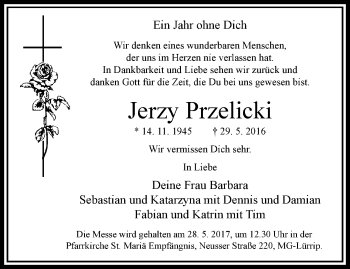 Traueranzeige von Jerzy Przelicki von trauer.extra-tipp-moenchengladbach.de