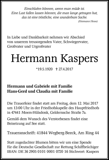 Traueranzeige von Hermann Kaspers von trauer.stadt-panorame.de