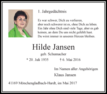 Traueranzeige von Hilde Jansen von trauer.extra-tipp-moenchengladbach.de