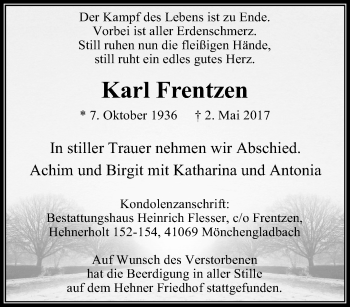 Traueranzeige von Karl Frentzen von trauer.extra-tipp-moenchengladbach.de
