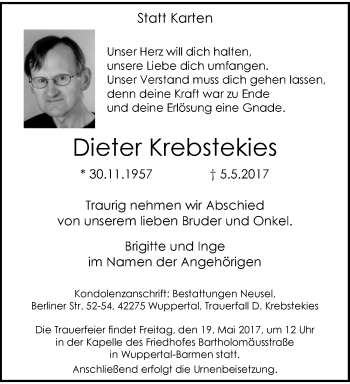 Traueranzeige von Dieter Krebstekies von trauer.wuppertaler-rundschau.de