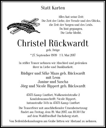 Traueranzeige von Christel Rückwardt von trauer.stadt-panorame.de