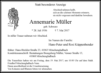 Traueranzeige von Annemarie Müller von trauer.extra-tipp-moenchengladbach.de