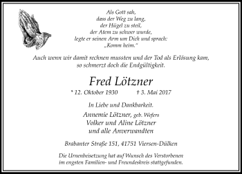 Traueranzeige von Fred Lötzner von trauer.extra-tipp-moenchengladbach.de