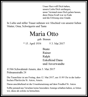 Traueranzeige von Maria Otto von trauer.extra-tipp-moenchengladbach.de